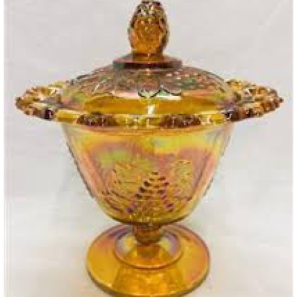 Vintage Indiana Carnival Autumn Harvest Amber Iridescent Glass Dish With Cover - Picture 1 of 10